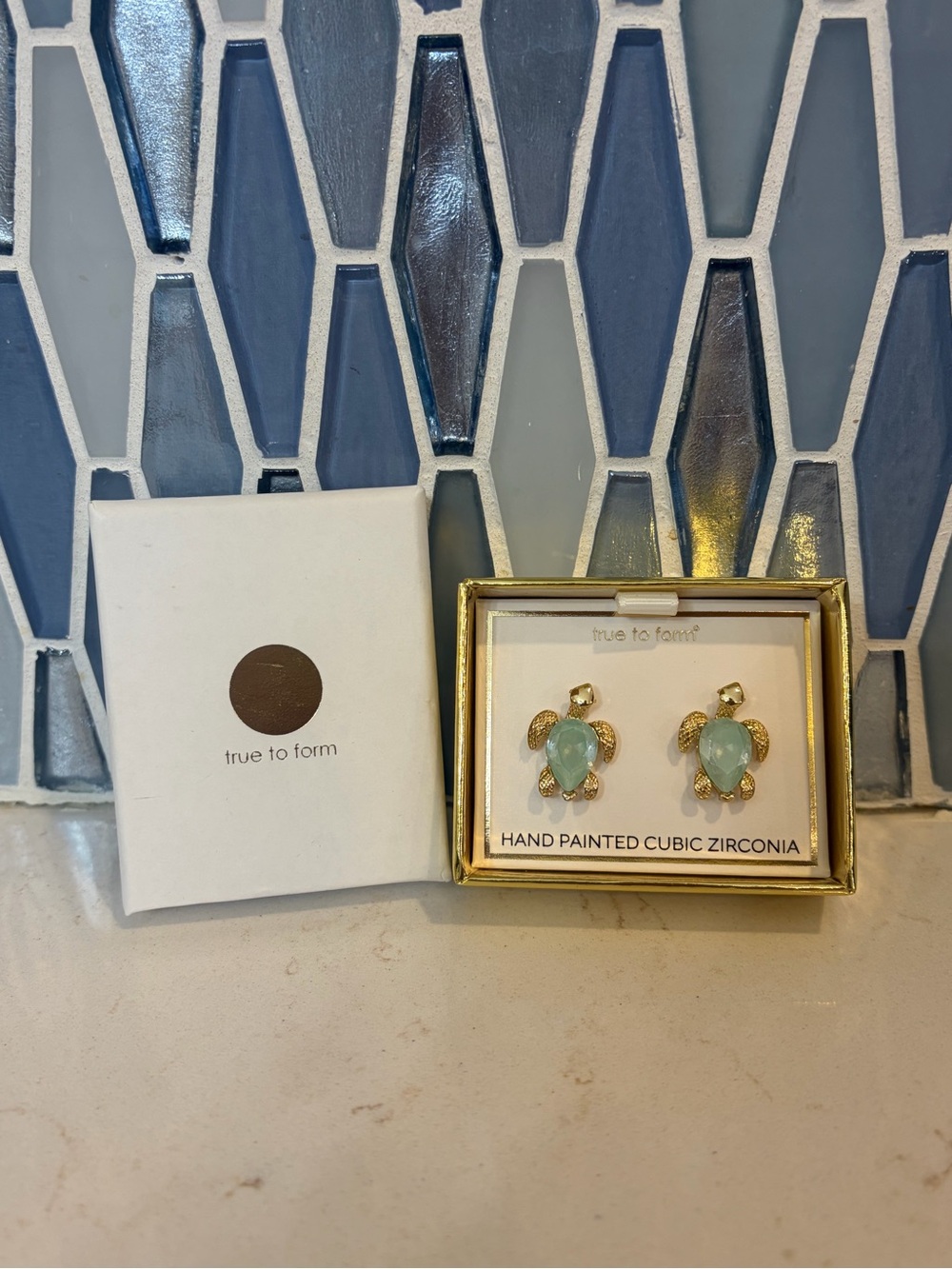 true to form Gold Turtle Stud Earrings with Light Aqua Stones - Picture 2 of 2